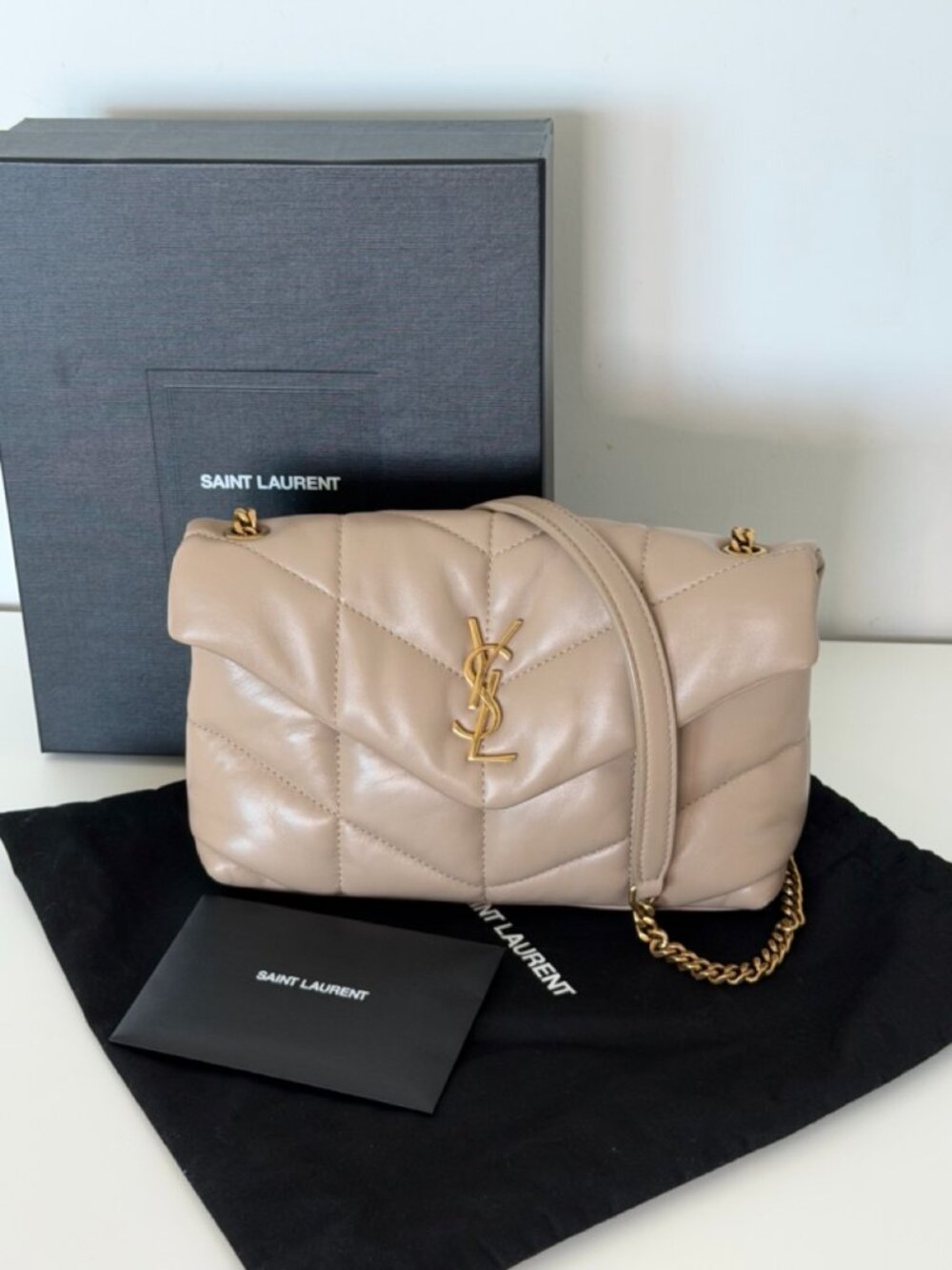 Saint Laurent YSL Mini Puffer Crossbody - Dark Beige